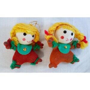 VTG lot of 2 Flocked Christmas Doll Ornament Blow Mold Yellow Yarn Hair Dancing